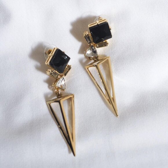 Geometric Black & Gold Drop Earrings - Picture 2 of 4